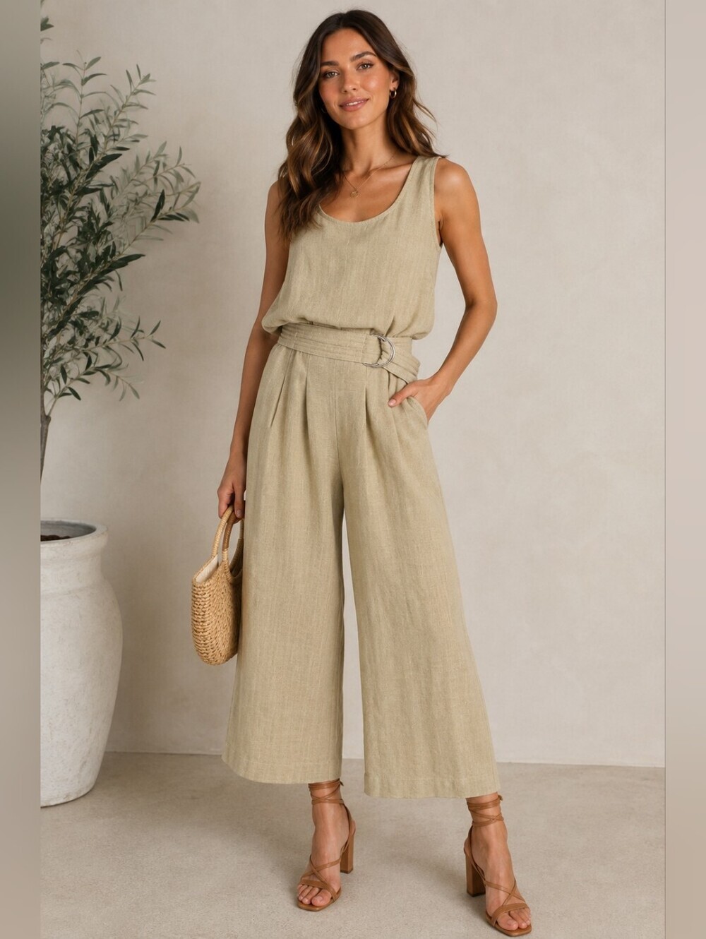 Moon River Linen Blend Belted Wide Leg Cropped Jumpsuit Beige XS